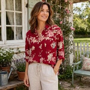 Talbots Floral Button Front Blouse Red Linen Rayon Cottage Large spring boho